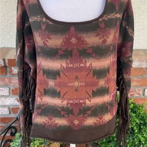 Denim & Supply Ralph Lauren Cotton/Knit Top; Navajo Aztec Print W/Fringe; Sz Med